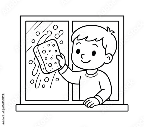 Child Cleans Window. Child cleaning window pane children?s coloring book illustration, outlined drawing, child wiping window with large simple
