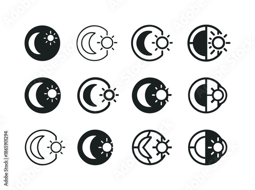 Earth Rotation Icons. Earth's rotation. Icon set. Set Logo of earth's rotation: day-night cycle icon. harmonious logo variations of the same emblematic