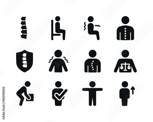 Postural Health Icons. Postural health. Solid icon set of postural health: healthy spine icon, correct stance, correct sitting, ergonomic adjustment, posture