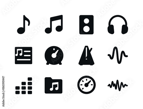 Dance Music Icons. Music for dance. Solid icon set of music for dance: musical note, double note, speaker, headphones, playlist icon, volume knob, metronome,