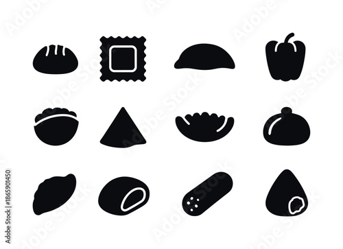 Assorted Stuffed Foods. Stuffed foods. Solid icon set of Stuffed foods: dumpling, ravioli, empanada, stuffed pepper, filled pita, samosa, gyoza, bao bun,