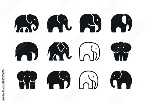 Elephant Logo Variations. Elephants. Icon set. Set Logo of Elephants: elephant silhouette. harmonious logo variations of the same emblematic concept, each with