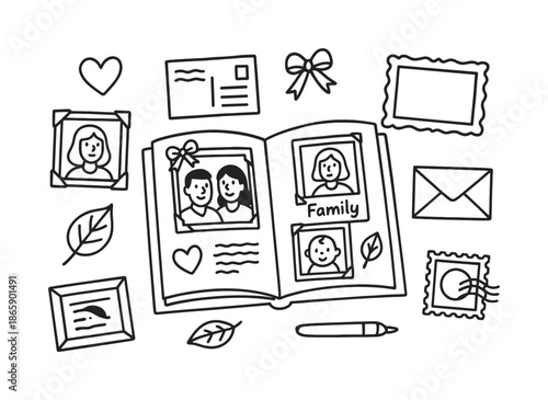 Family Album Doodles. Family album. Hand-drawn doodle illustration family album open album, portraits, baby photo, heart sticker, ribbon, frame, handwriting