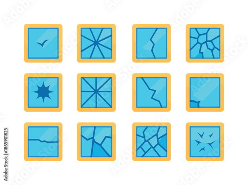 Colorful Cracked Windows Icons. Cracked windows. Colorful flat vector icons set of cracked windows: small crack, spiderweb crack, corner crack, shattered pane,