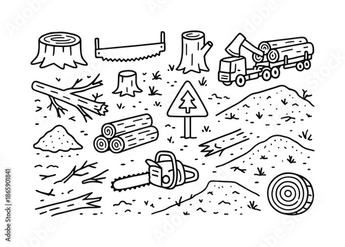Logging Symbols Doodle. Clearcut. Hand-drawn doodle illustration Clearcut tree stump, logging saw, cut trunk, axe, fallen tree, logging truck, cleared forest