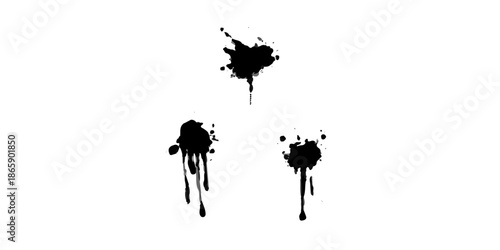 Vector illustration of black ink splats and grunge paint splashes featuring dirty liquid drips, textured spray blots, and artistic silhouette stains on a white background element