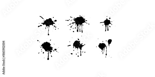 Black ink splat and grunge paint splash vector illustration featuring a decorative liquid splatter pattern with artistic brush drips, stains, and blot elements on a textured silhouette design