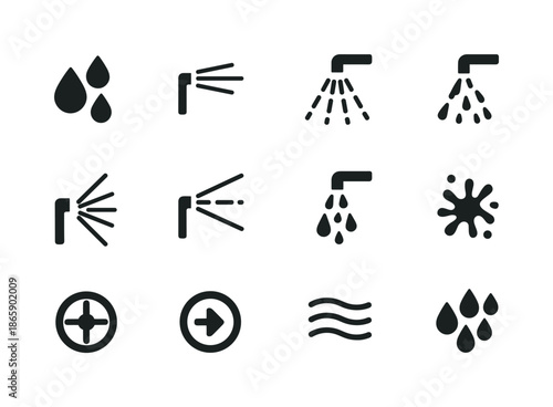 Water Flow Icons. Water flow icons. Solid icon set of water flow icons: water droplets, mist spray, rain spray pattern, jet stream icon, high pressure icon,