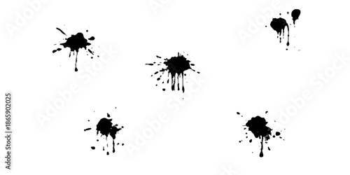 A creative set of black ink splat blots and grunge paint splashes featuring vector liquid drips, dirty stain silhouettes, and artistic brush spray patterns for decorative design elements