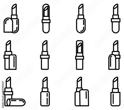 This collection of 12 elegant lipstick line icons represents beauty and fashion. Ideal for cosmetic branding, makeup apps, and retail graphics. Minimalist style for clean web design.