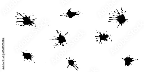 Vector illustration of a black ink splat set featuring grunge floral splashes and nature silhouettes like birds and butterflies for a decorative summer frame design