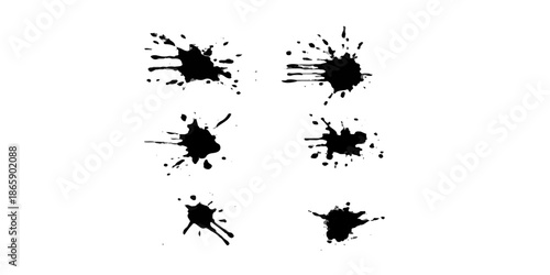 Black ink splat and grunge ink splat design element featuring a hand drawn paint splash with liquid spray droplets and a dirty brush texture vector illustration on a white background