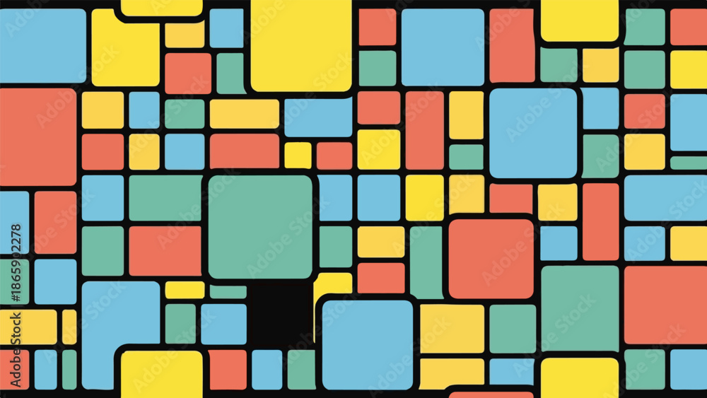 Fototapeta premium A mosaic of rounded-corner rectangles in coral, teal, yellow, and light blue on black