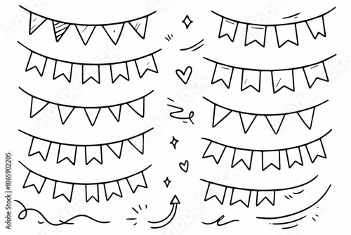 Hand-drawn doodle vector set of bunting flags, created in a fun, sketchy doodle style, isolated on white background
