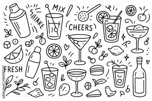 Hand-drawn doodle vector set of cocktail mixing illustrations, created in a fun doodle style, isolated on white background
