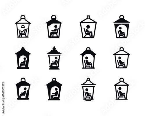 Porch Relaxation Iconography. Relaxing on porch. Icon set. Set Logo of relaxing on porch: Outdoor lantern. harmonious logo variations of the same emblematic