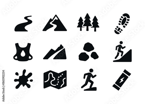 Trail Running Icons. Trail running. Solid icon set of Trail running: trail path, mountain trail, forest icon, dirt shoeprint, hydration pack, incline icon,