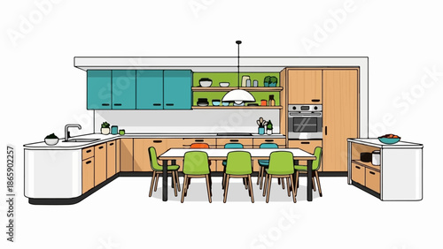 A modern kitchen features light wood cabinets, turquoise upper cabinets, and a dining area