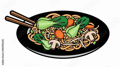 A colorful illustration of a noodle bowl with bok choy, carrots, mushrooms, and chopsticks