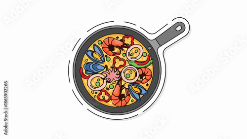 A colorful, flat illustration of a seafood paella in a skillet