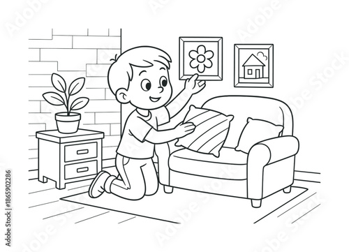 Kids Decorating Fun. Decorating after renovation children?s coloring book illustration, outlined drawing, cartoon child placing pillows and pictures in a cozy