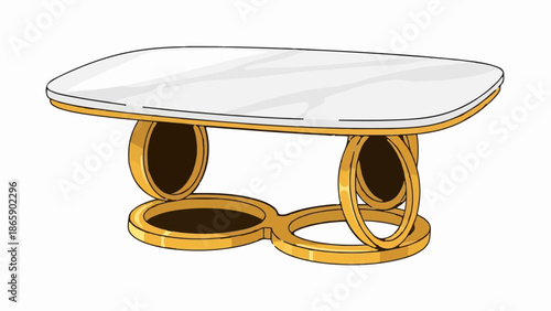 A modern oval coffee table with a white surface and a unique golden base