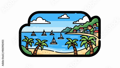 A picturesque coastal village with palm trees, sailboats, and houses nestled on a hill