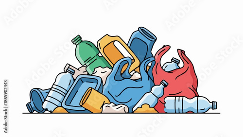 A pile of colorful plastic bottles, bags, and containers scattered