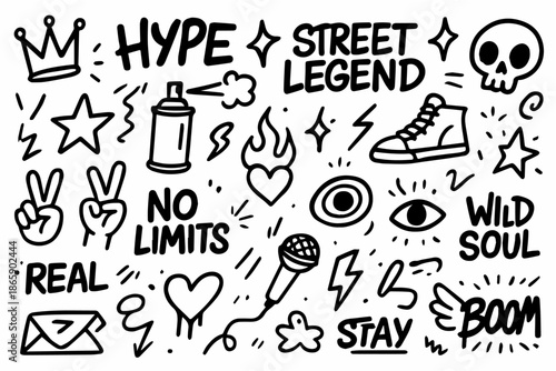 Hand-drawn doodle vector set of freestyle graffiti sticker icons and symbols, created in a fun sketchy doodle style, isolated on white background

