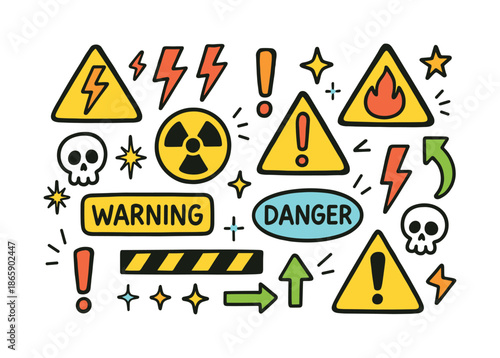 Colorful Warning Symbols. Warning Symbols. Colorful Hand-drawn doodle Children illustration Warning Symbols lightning bolts, exclamation marks, skull symbols,