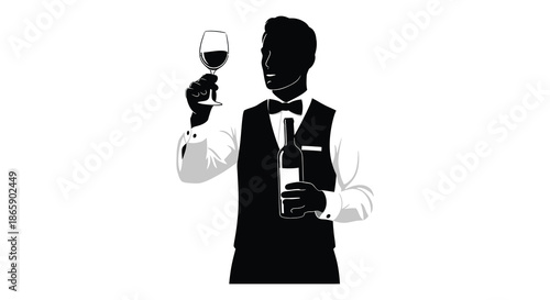 a distinguished man in a suit holding a wine glass and bottle striking a sophisticated pose silhouette