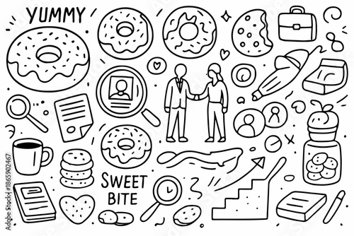 Hand-drawn doodle vector set of doughnuts and cookies, created in a fun, sketchy doodle style, isolated on white background
