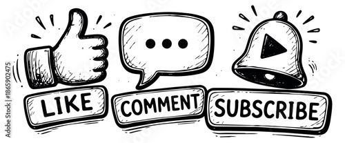 Hand drawn line art social media call to action set featuring like, comment, and subscribe elements for online video content