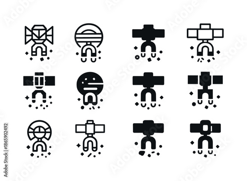 Space Cleanup Icons. Space debris cleanup. Icon set. Set Logo of space debris cleanup: magnetized collector. harmonious logo variations of the same emblematic
