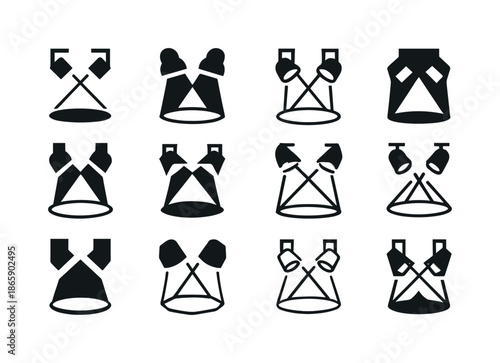 Theater Logo Variations. Theater Performance. Icon set. Set Logo of Theater Performance: spotlight on stage. harmonious logo variations of the same emblematic