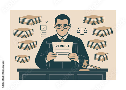 Judge Delivering Verdict. Delivering justice. The judge reads from a verdict document while case files hover in organized stacks. Subtle icons show clarity,