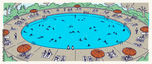 Crowded circular public swimming pool illustration with people swimming in blue water and sunbathing on the deck under orange umbrellas in a retro, hand-drawn graphic style