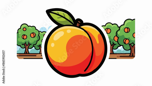 A juicy peach with a leaf on top, framed by two cartoonish fruit trees