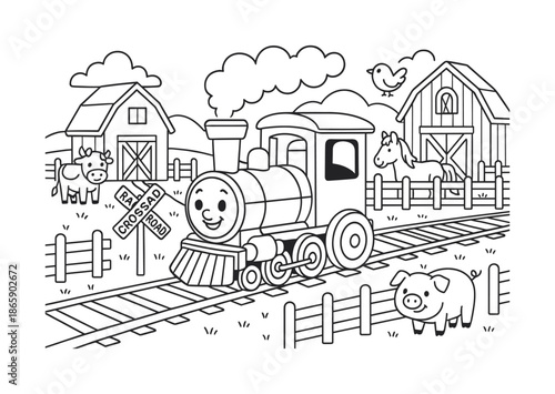 Farm Train Coloring. Country farm train crossing children?s coloring book illustration, outlined drawing, a friendly train passing by barns, fences, and simple