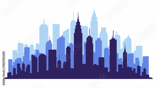 A layered silhouette of a city skyline in varying shades of blue