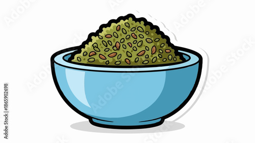 A light blue bowl filled with a bumpy green mixture and brown pieces
