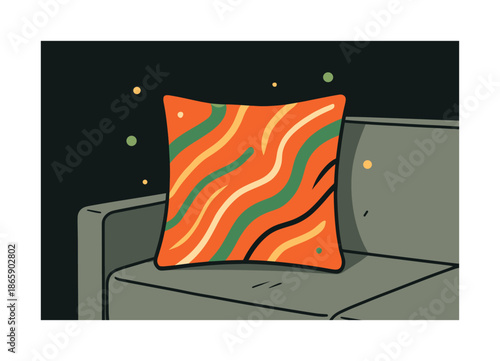 Vibrant Accent Pillow. Color pop pillow. A bright cushion contrasts a muted sofa; energetic strokes highlight its design flair. Floating spark dots add