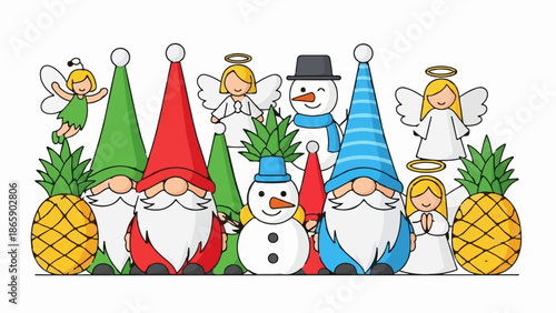 Whimsical characters including gnomes, snowmen, fairies, and angels