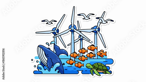 Whimsical offshore wind farm with marine life illustration