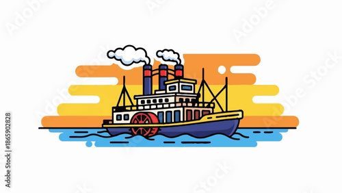 Whimsical paddle steamer sails on blue waves with colorful sunset backdrop