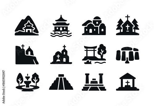 Sacred Destinations Icons. Global sacred destinations. Solid icon set of global sacred destinations: mountain shrine, coastal temple, desert monastery, forest