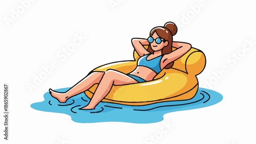 Woman in blue bikini relaxing on yellow float in blue water, sunglasses on