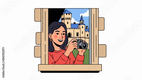 Woman with camera captures castle view from window