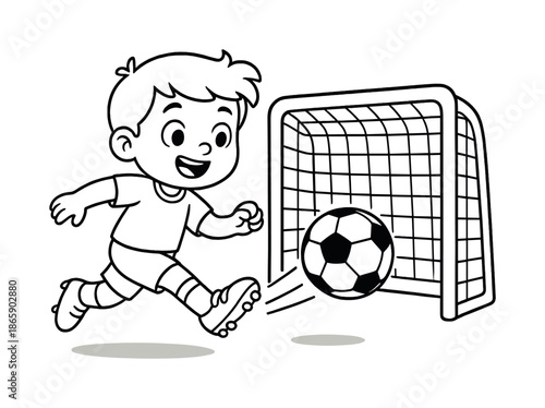 Winning Goal Coloring. Winning goal children?s coloring book illustration, outlined drawing, a friendly cartoon player gently kicking a ball into a simple goal