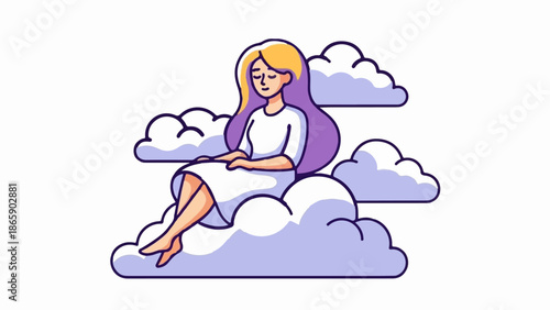Woman peacefully meditating on fluffy clouds, eyes closed, serene